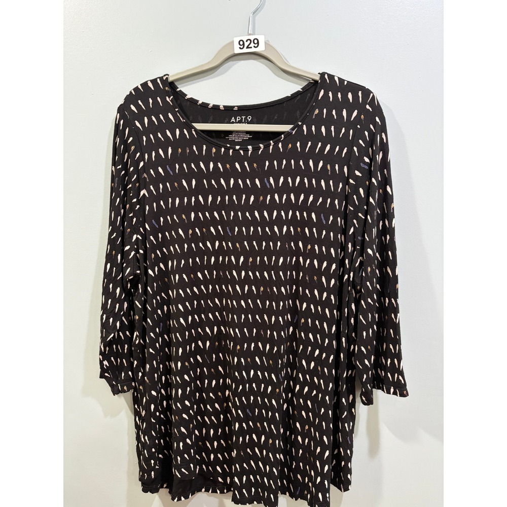 Apt. 9 Essentials Womens 1X Black Abstract Dash Print 3/4 Sleeve Knit Top